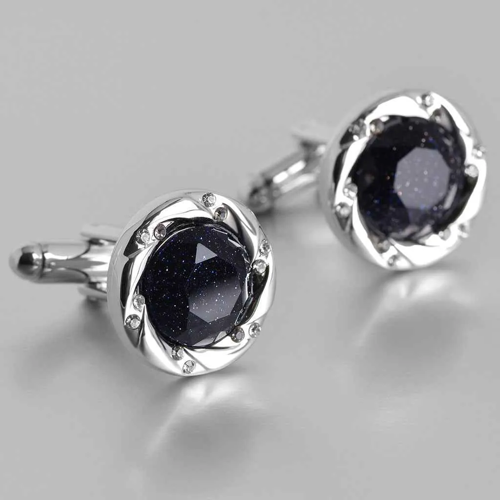 17mm Silver-Tone Luxury Cufflinks with Blue Sandstone