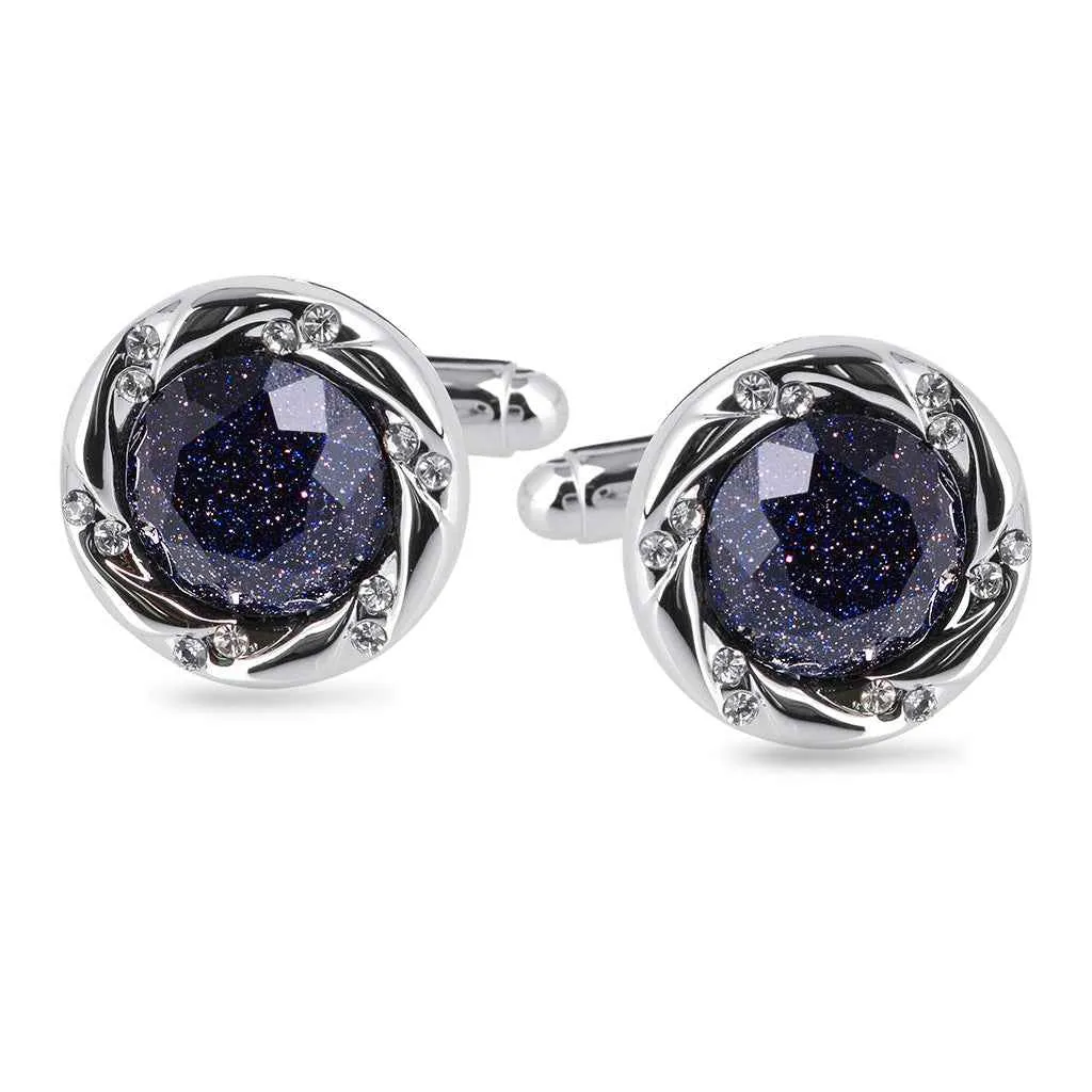 17mm Silver-Tone Luxury Cufflinks with Blue Sandstone