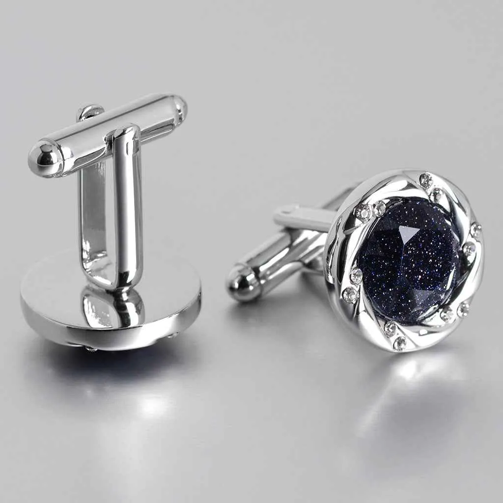 17mm Silver-Tone Luxury Cufflinks with Blue Sandstone