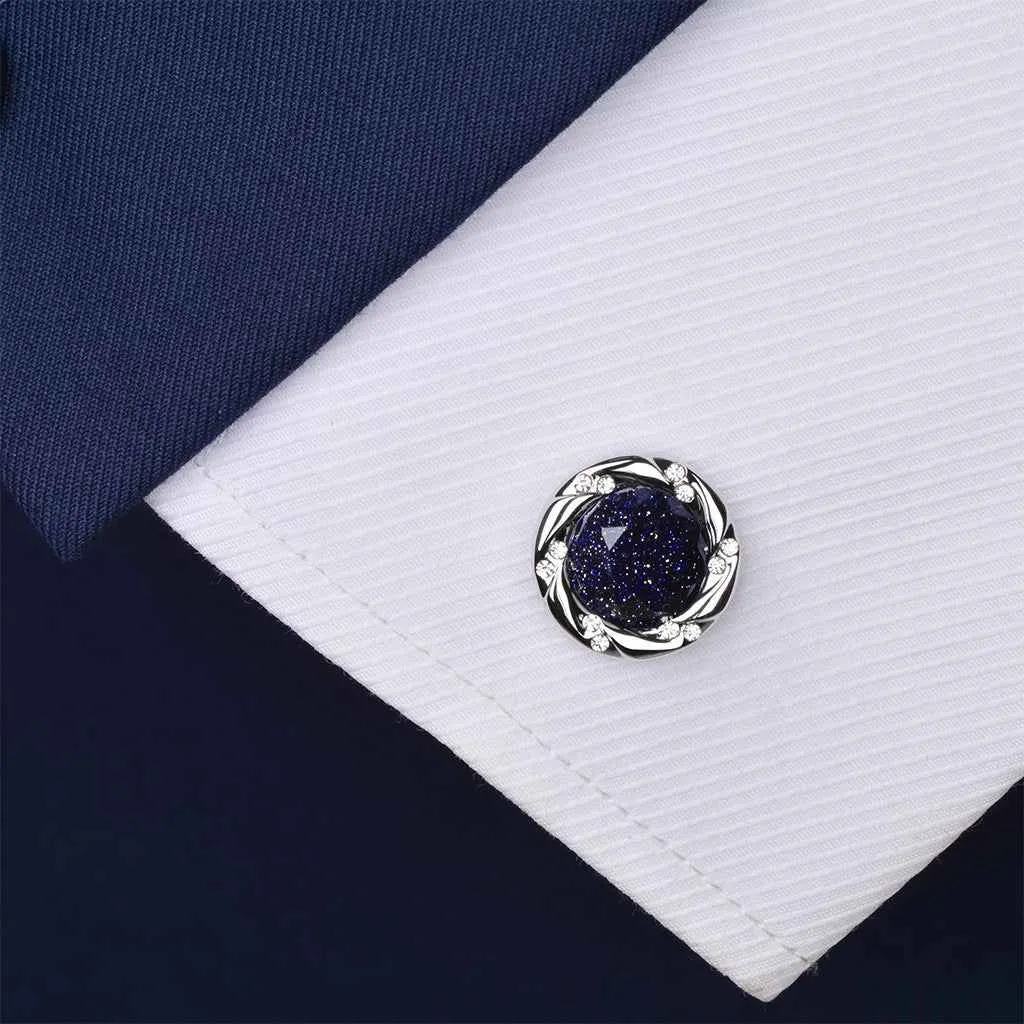 17mm Silver-Tone Luxury Cufflinks with Blue Sandstone