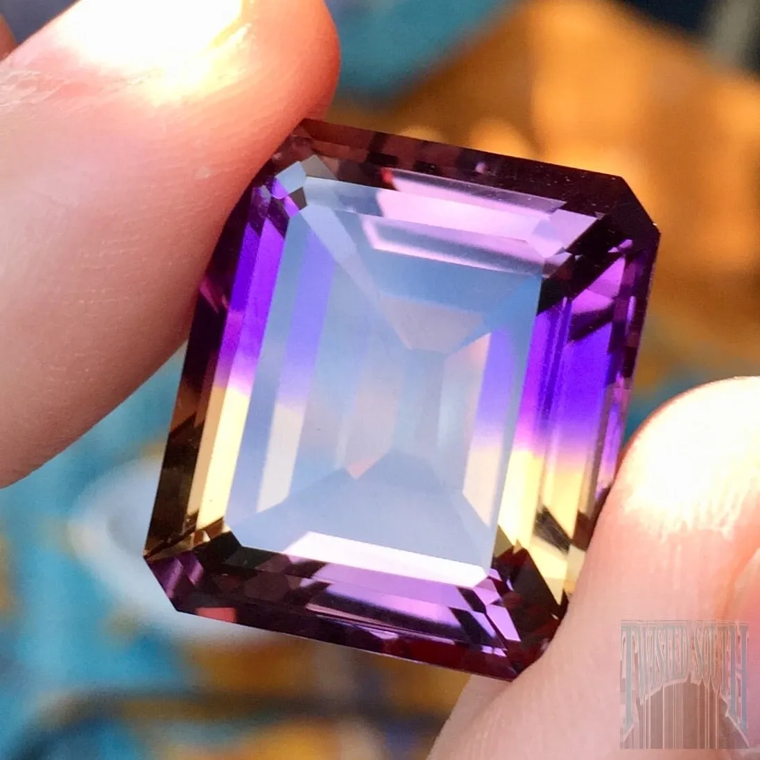 27.78 ct. Ametrine, Top Quality, Emerald Cut, Flawless, Bolivia, Top Color Showing Rare Ultra Deep Purple, Golden-Yellow, Pinkish Purple, Blue