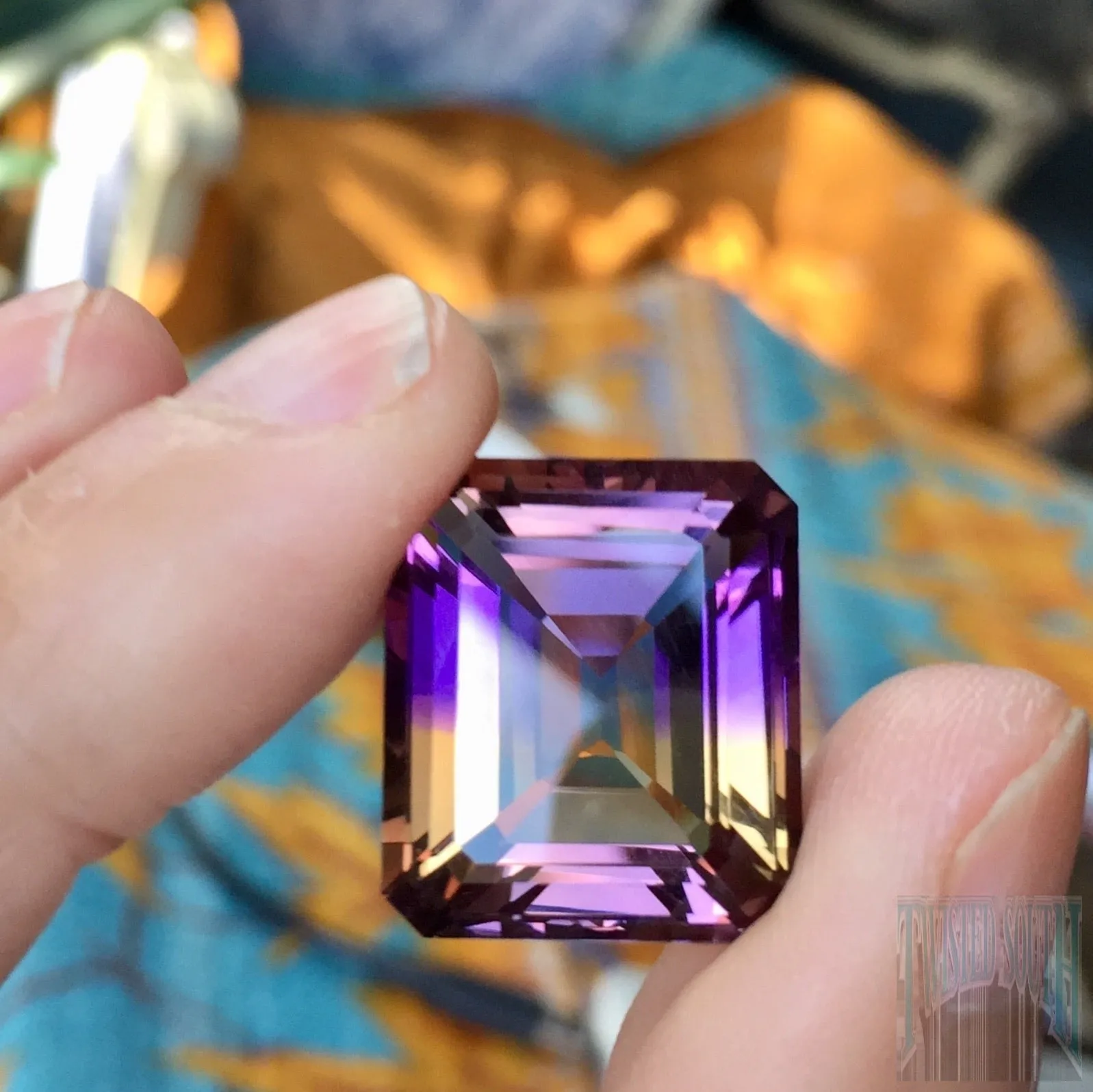 27.78 ct. Ametrine, Top Quality, Emerald Cut, Flawless, Bolivia, Top Color Showing Rare Ultra Deep Purple, Golden-Yellow, Pinkish Purple, Blue
