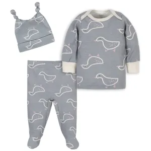 3-Piece Baby Girls Comfy Stretch Ducklings Shirt, Footed Pant and Cap Set