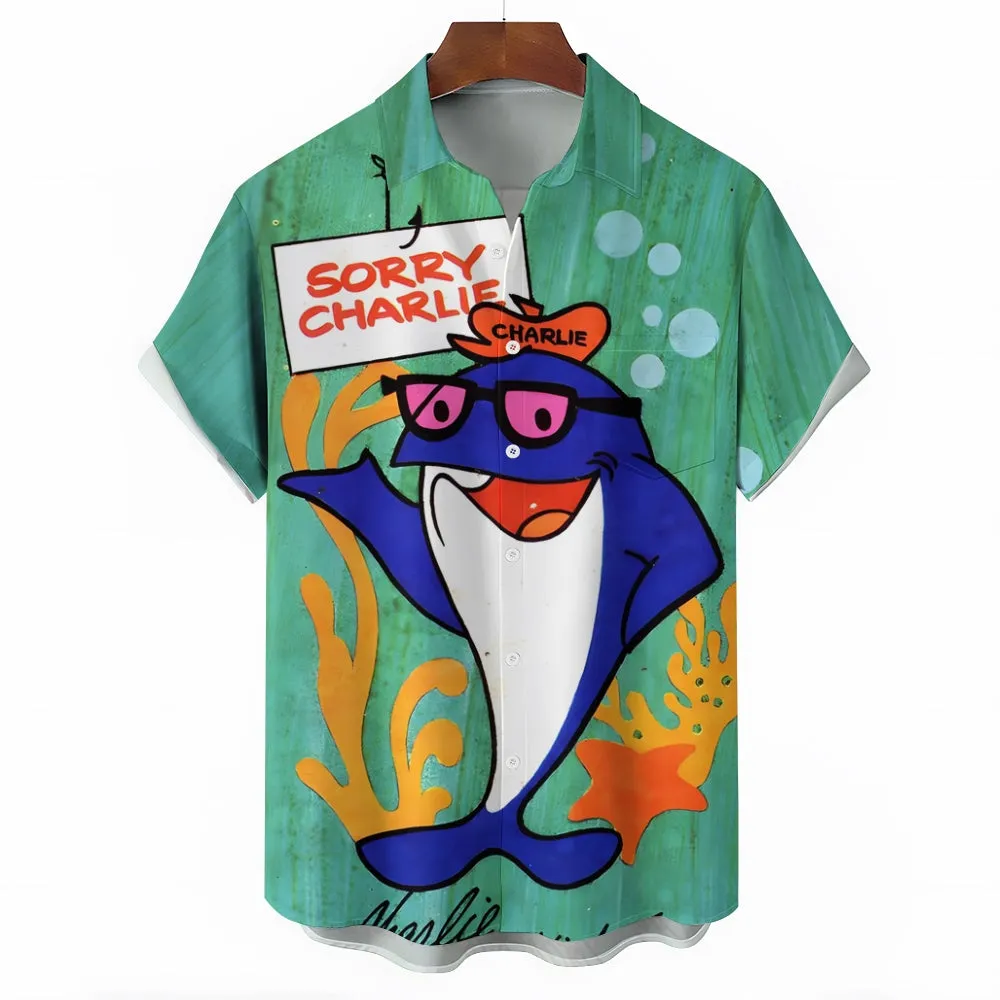 70s Retro Tuna Cartoon Print Hawaiian Short Sleeve Shirt 2412008274