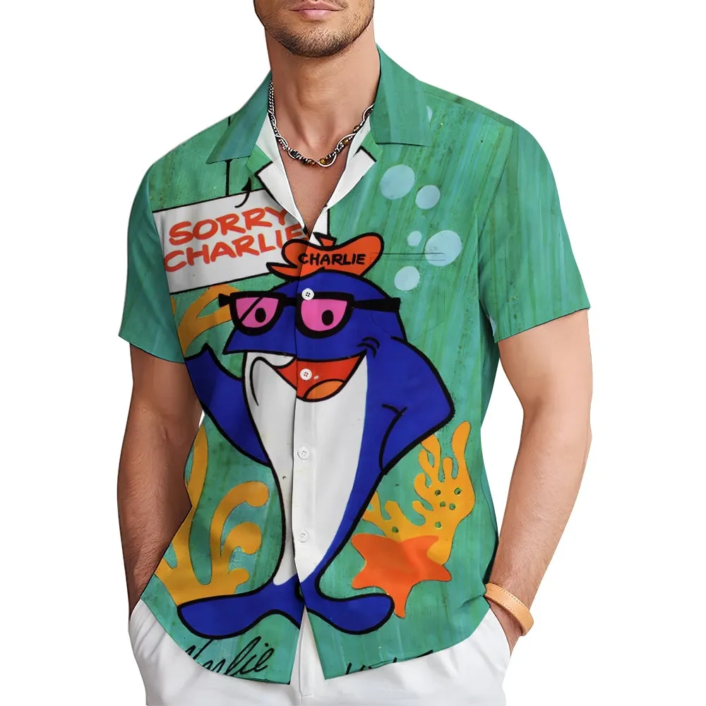 70s Retro Tuna Cartoon Print Hawaiian Short Sleeve Shirt 2412008274