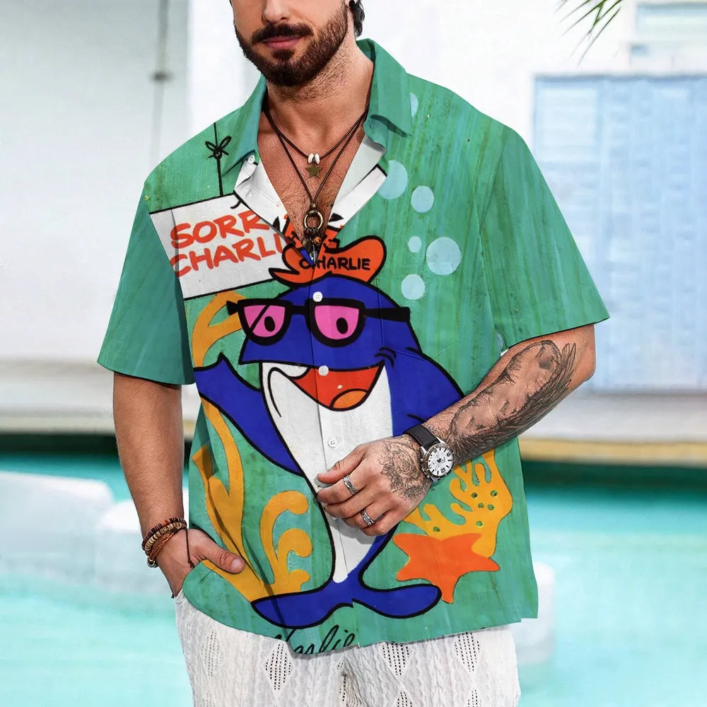 70s Retro Tuna Cartoon Print Hawaiian Short Sleeve Shirt 2412008274