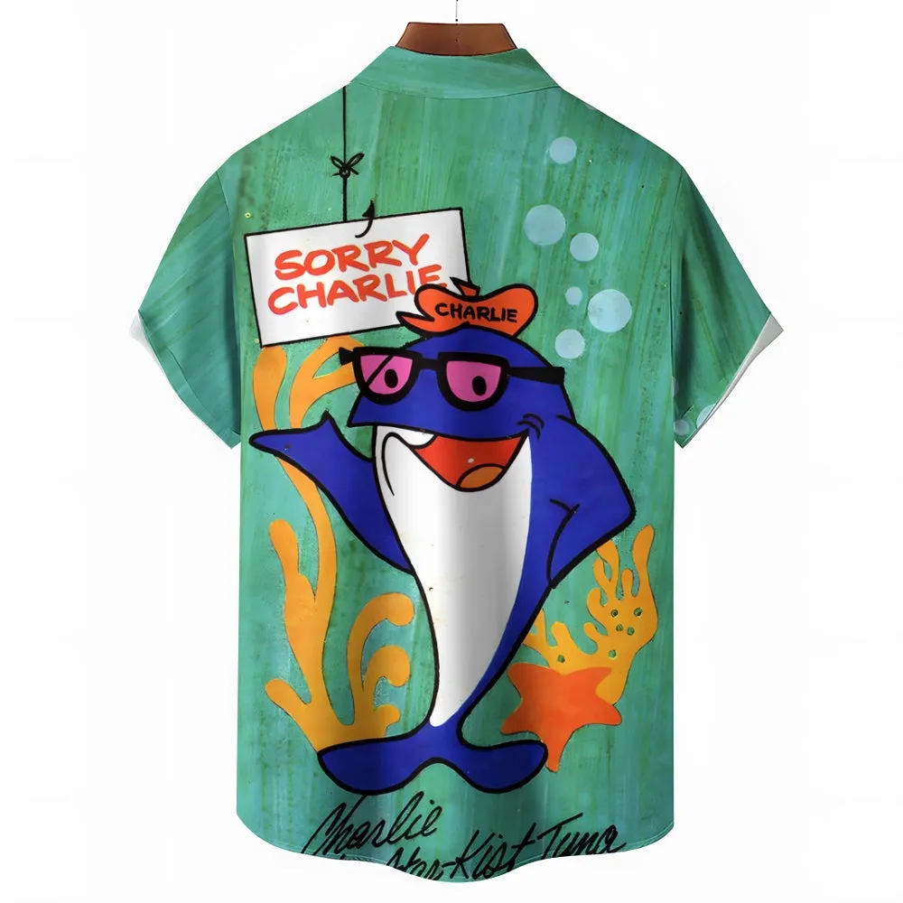 70s Retro Tuna Cartoon Print Hawaiian Short Sleeve Shirt 2412008274