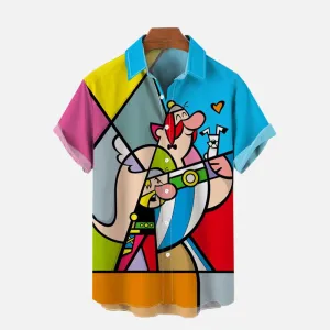Abstract Color Block Splicing Comic Characters Printing Short Sleeve Shirt