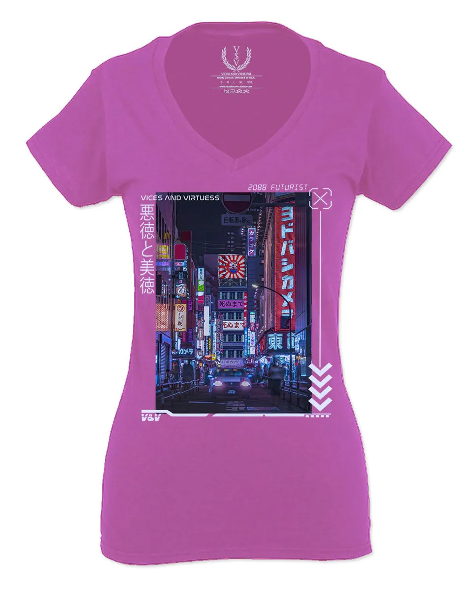 Aesthetic Japanese City Vaporwave Art Cyberpunk Retro Street wear For Women V neck fitted T Shirt
