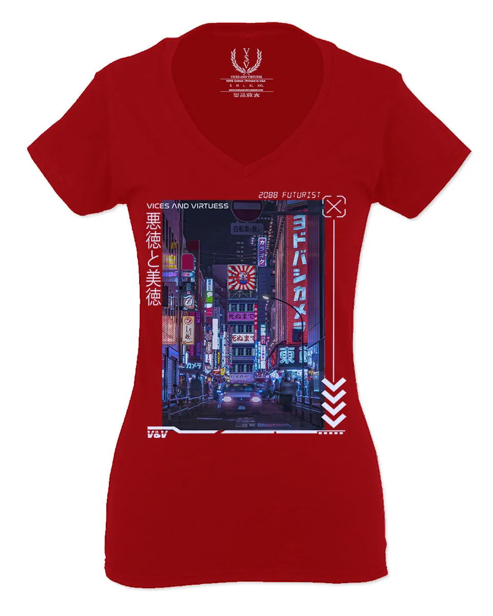Aesthetic Japanese City Vaporwave Art Cyberpunk Retro Street wear For Women V neck fitted T Shirt