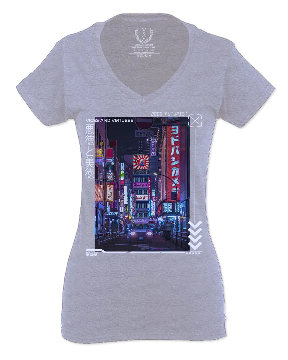 Aesthetic Japanese City Vaporwave Art Cyberpunk Retro Street wear For Women V neck fitted T Shirt