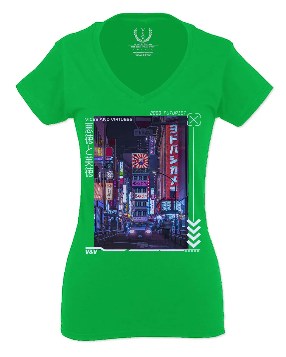 Aesthetic Japanese City Vaporwave Art Cyberpunk Retro Street wear For Women V neck fitted T Shirt