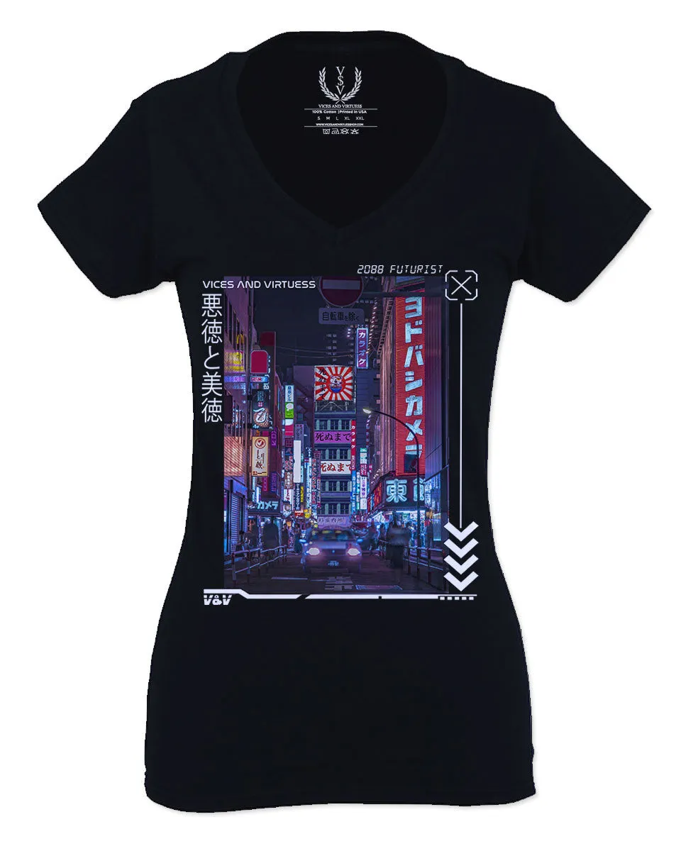 Aesthetic Japanese City Vaporwave Art Cyberpunk Retro Street wear For Women V neck fitted T Shirt