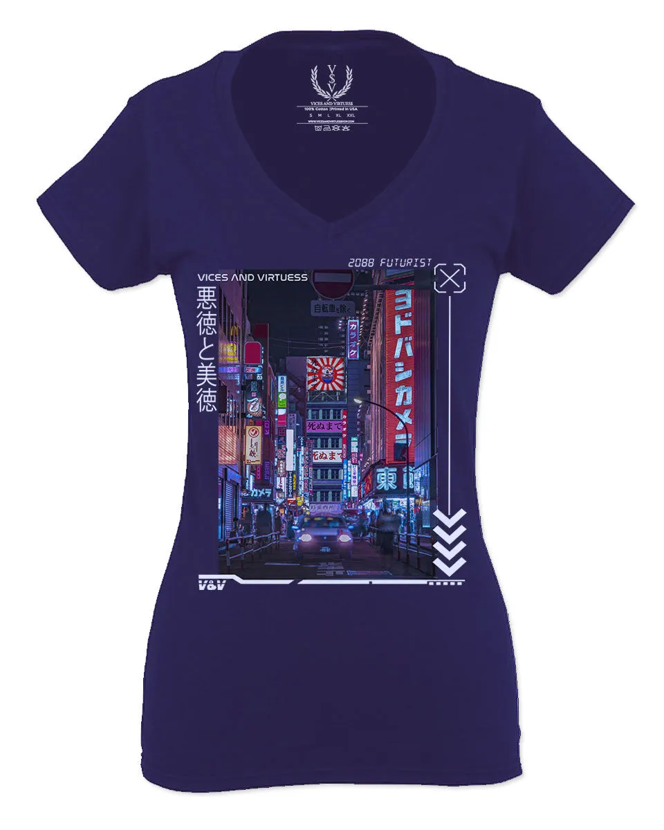 Aesthetic Japanese City Vaporwave Art Cyberpunk Retro Street wear For Women V neck fitted T Shirt