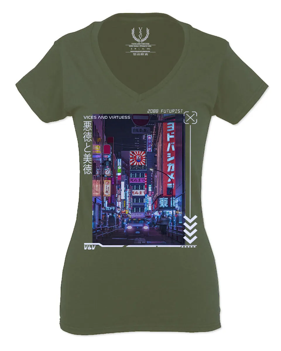 Aesthetic Japanese City Vaporwave Art Cyberpunk Retro Street wear For Women V neck fitted T Shirt