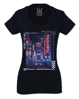 Aesthetic Japanese City Vaporwave Art Cyberpunk Retro Street wear For Women V neck fitted T Shirt