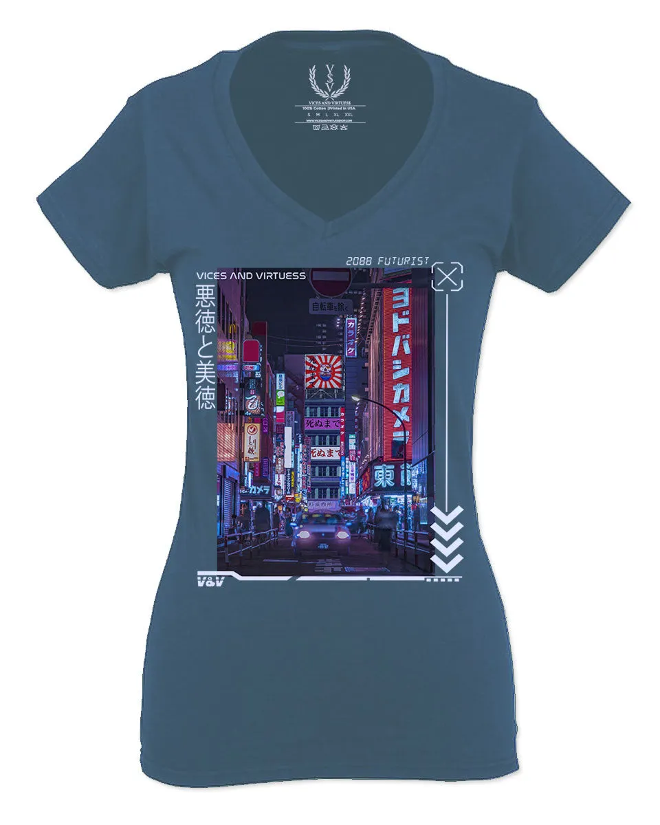 Aesthetic Japanese City Vaporwave Art Cyberpunk Retro Street wear For Women V neck fitted T Shirt