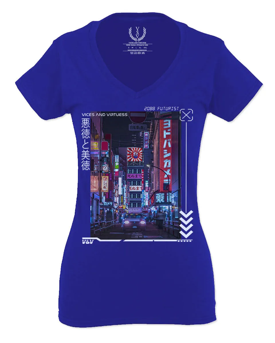 Aesthetic Japanese City Vaporwave Art Cyberpunk Retro Street wear For Women V neck fitted T Shirt