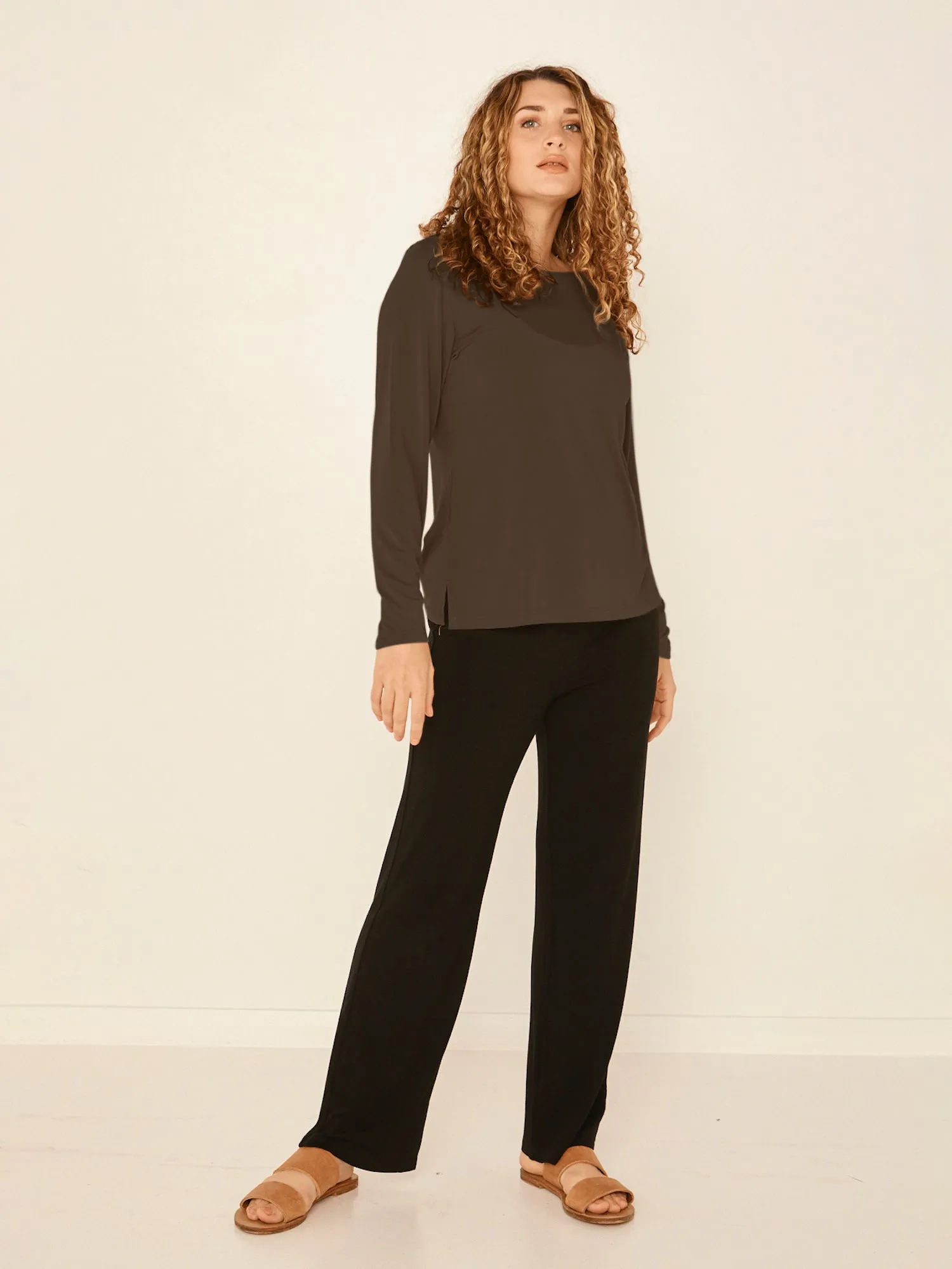 Bamboo Boat Neck Long Sleeve Tee - Cocoa