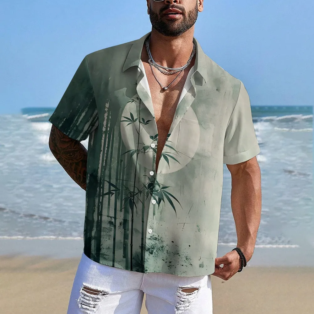 Bamboo Forest Printed Slub Linen Short Sleeve Shirt 2406000702