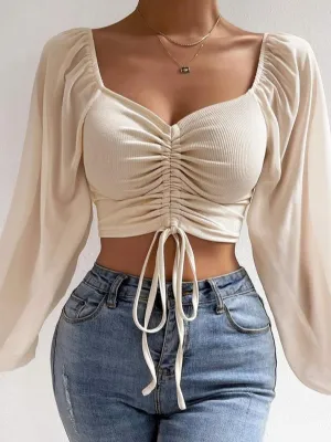 Beige Ruched Blouse With Sheer Sleeves