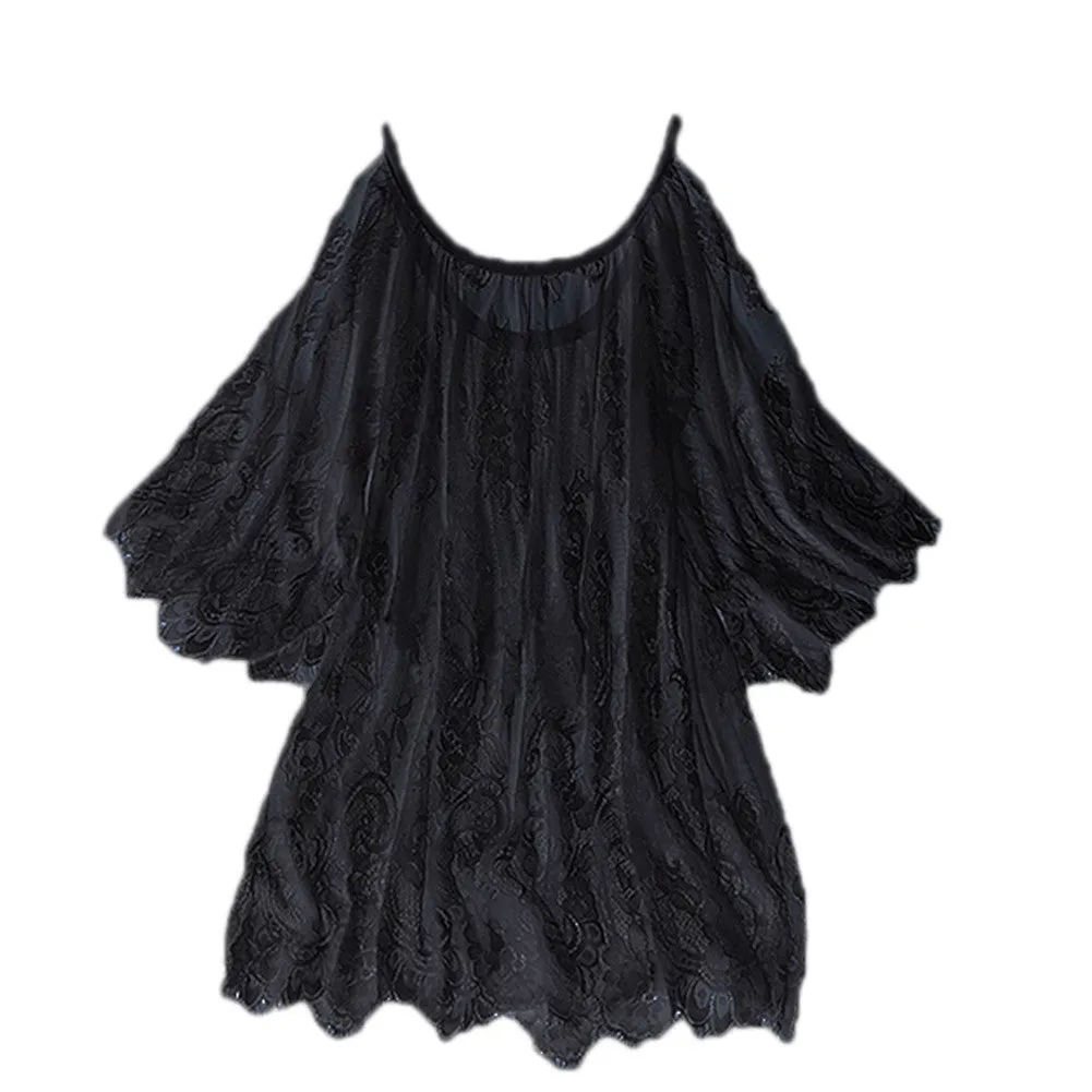 Big Plus Size Loose Women Lace Blouse White Black Off Shoulder Beach Sunscreen Swimsuit Summer Sheer Shirt Dress