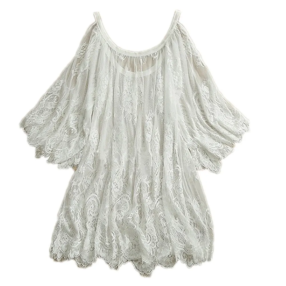 Big Plus Size Loose Women Lace Blouse White Black Off Shoulder Beach Sunscreen Swimsuit Summer Sheer Shirt Dress