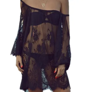 Big Plus Size Loose Women Lace Blouse White Black Off Shoulder Beach Sunscreen Swimsuit Summer Sheer Shirt Dress