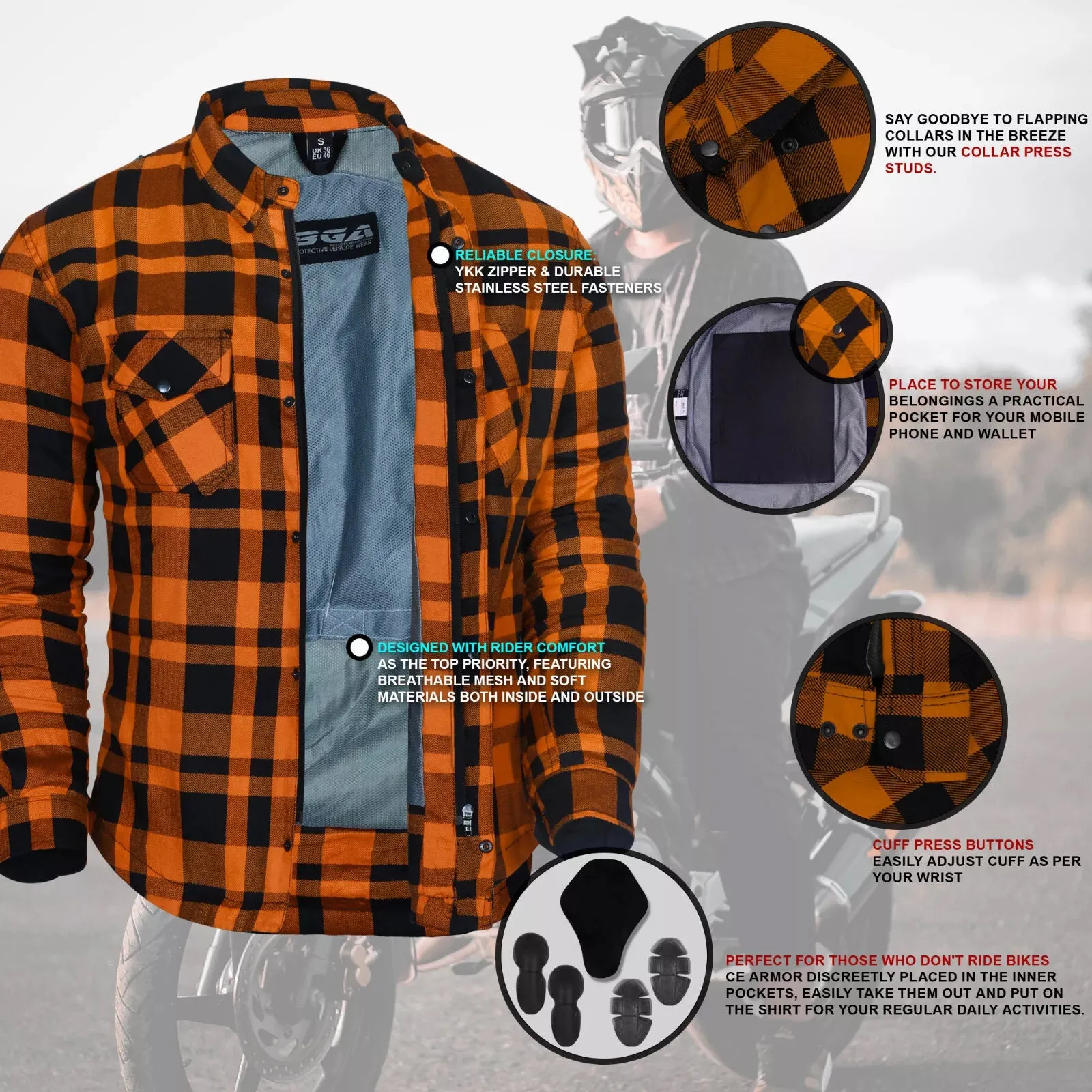 Bikers Gear Australia Exo Rider Lined with Kevlar Protective Motorcycle Shirt Orange