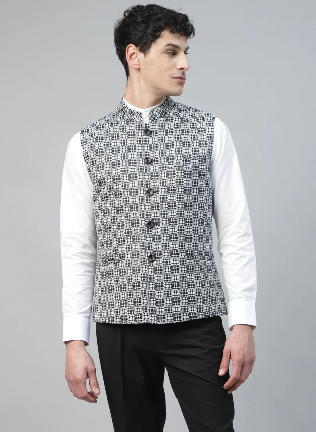 Black & White Uncrushable Printed Nehru Jacket