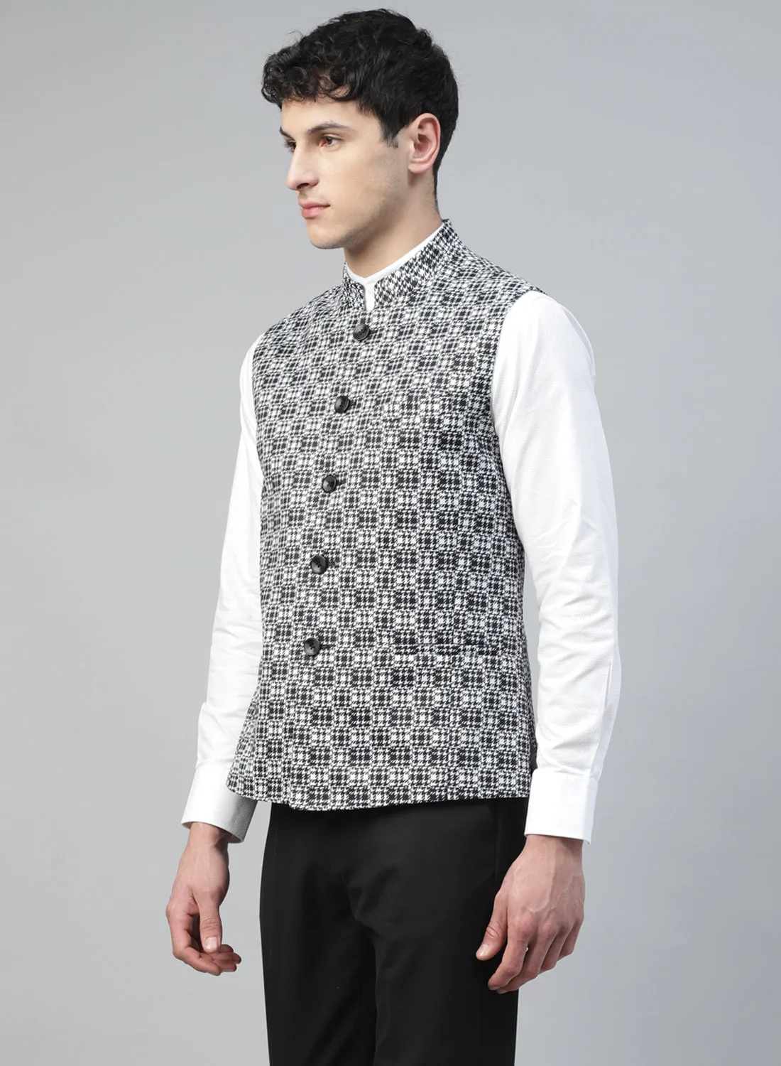 Black & White Uncrushable Printed Nehru Jacket