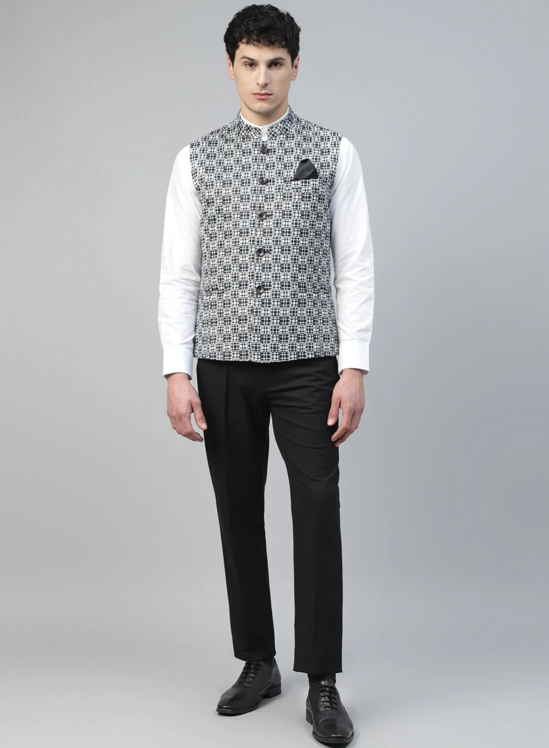 Black & White Uncrushable Printed Nehru Jacket