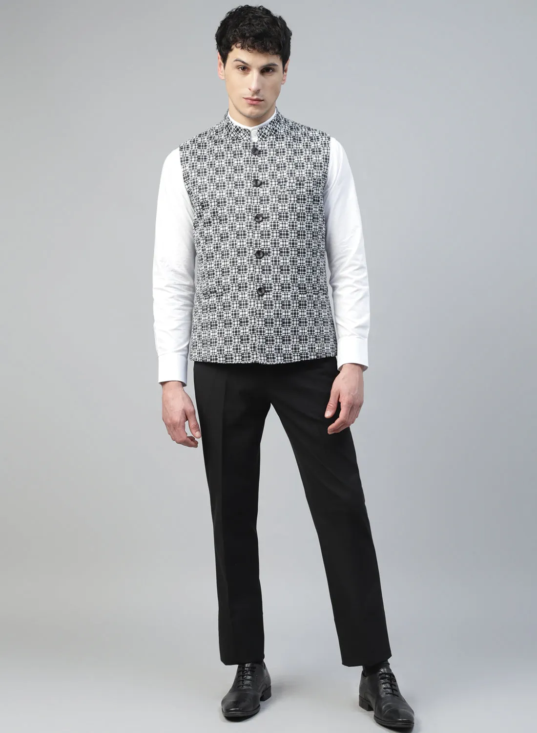 Black & White Uncrushable Printed Nehru Jacket
