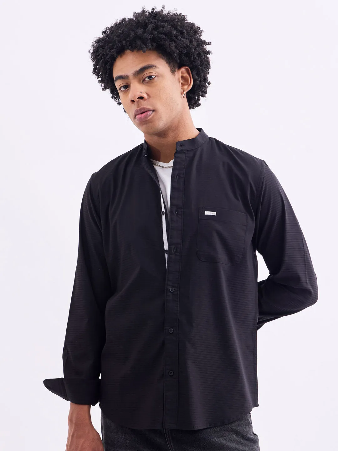 Black Chinese Collar Slim Fit Shirt