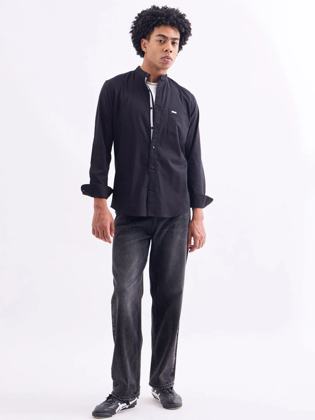 Black Chinese Collar Slim Fit Shirt