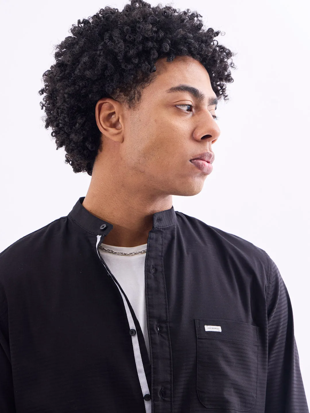 Black Chinese Collar Slim Fit Shirt