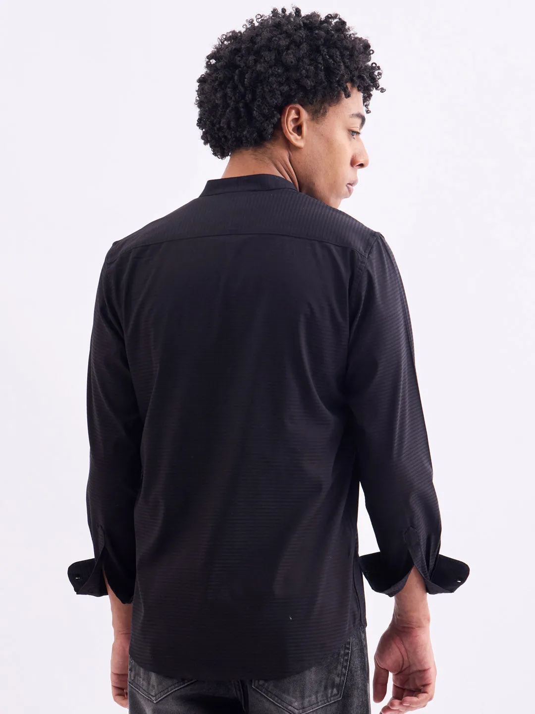 Black Chinese Collar Slim Fit Shirt