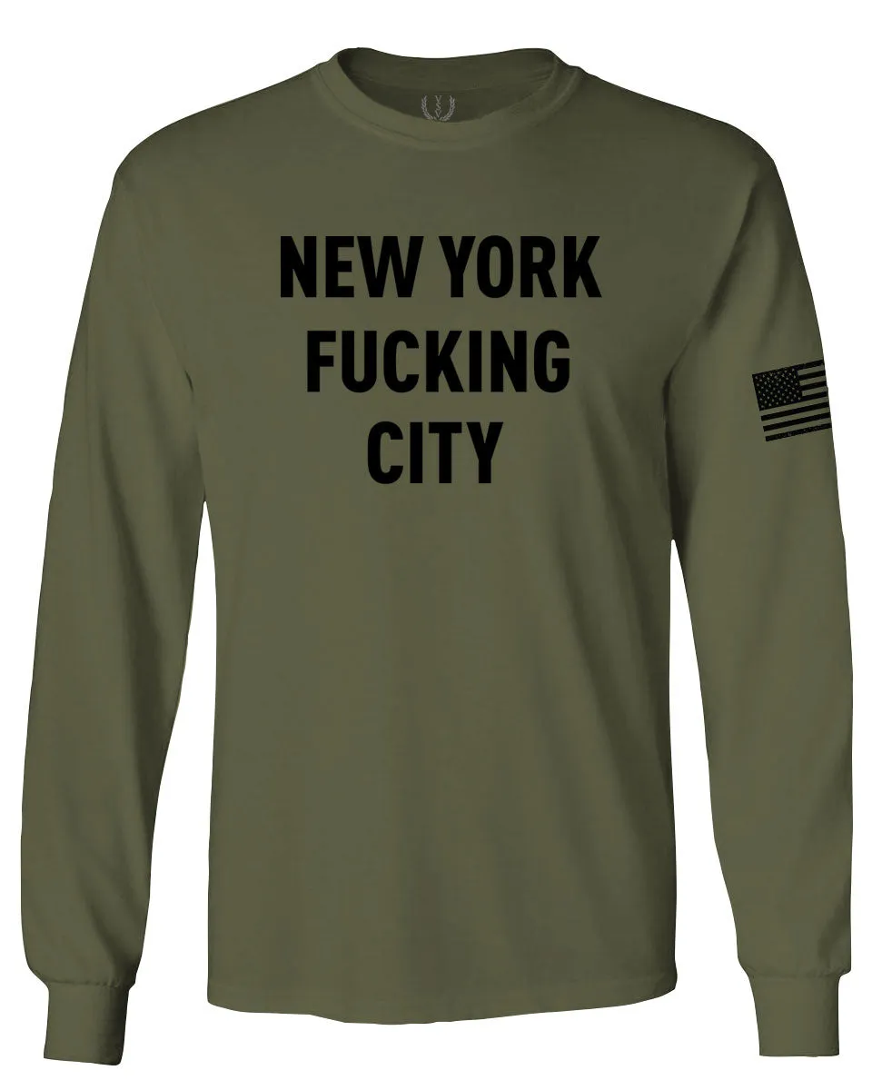 Black Fonts New York Fucking City NYC American Flag America Cool Street mens Long sleeve t shirt