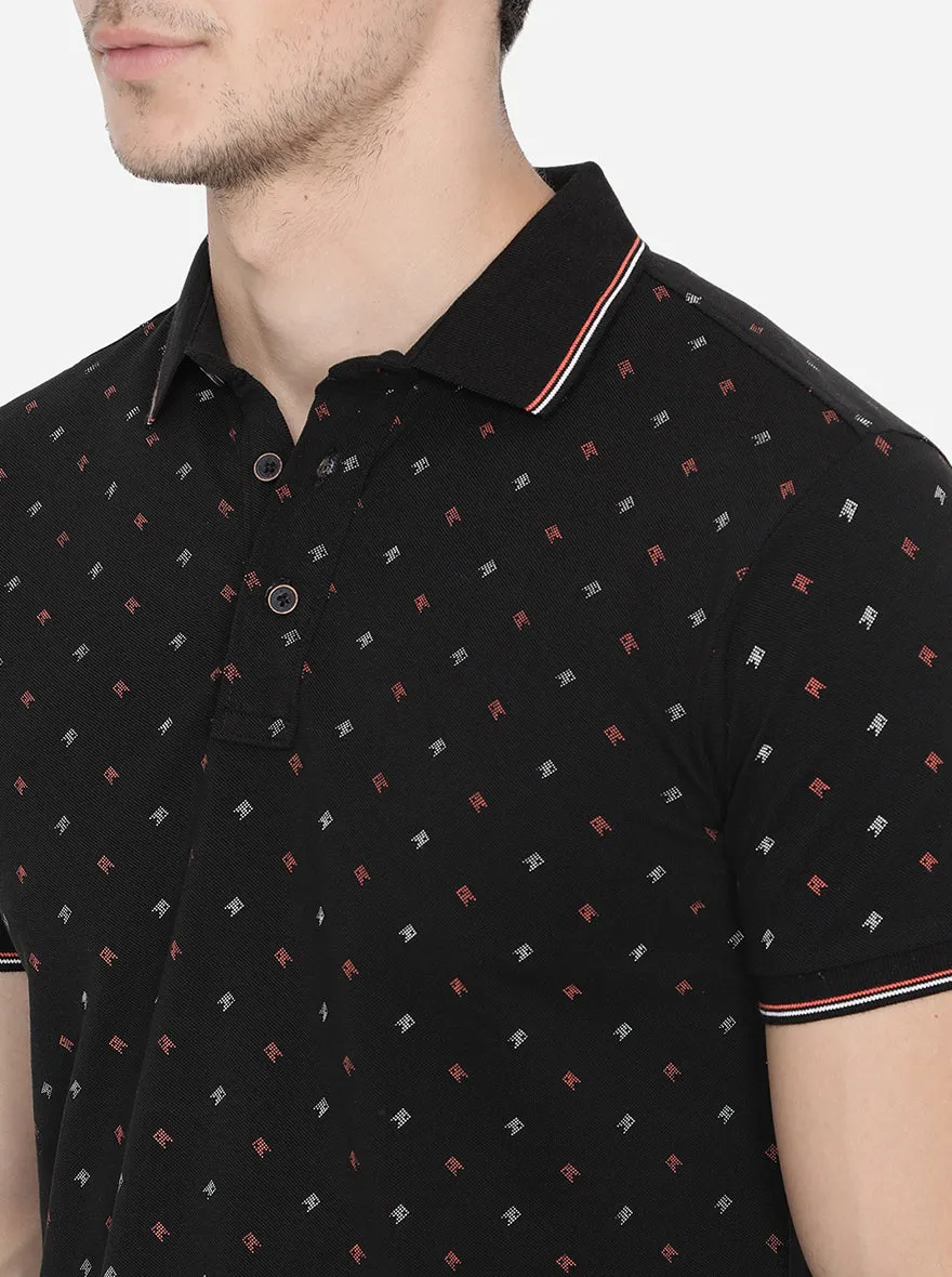 Black Printed Slim Fit Polo T-Shirt | JadeBlue