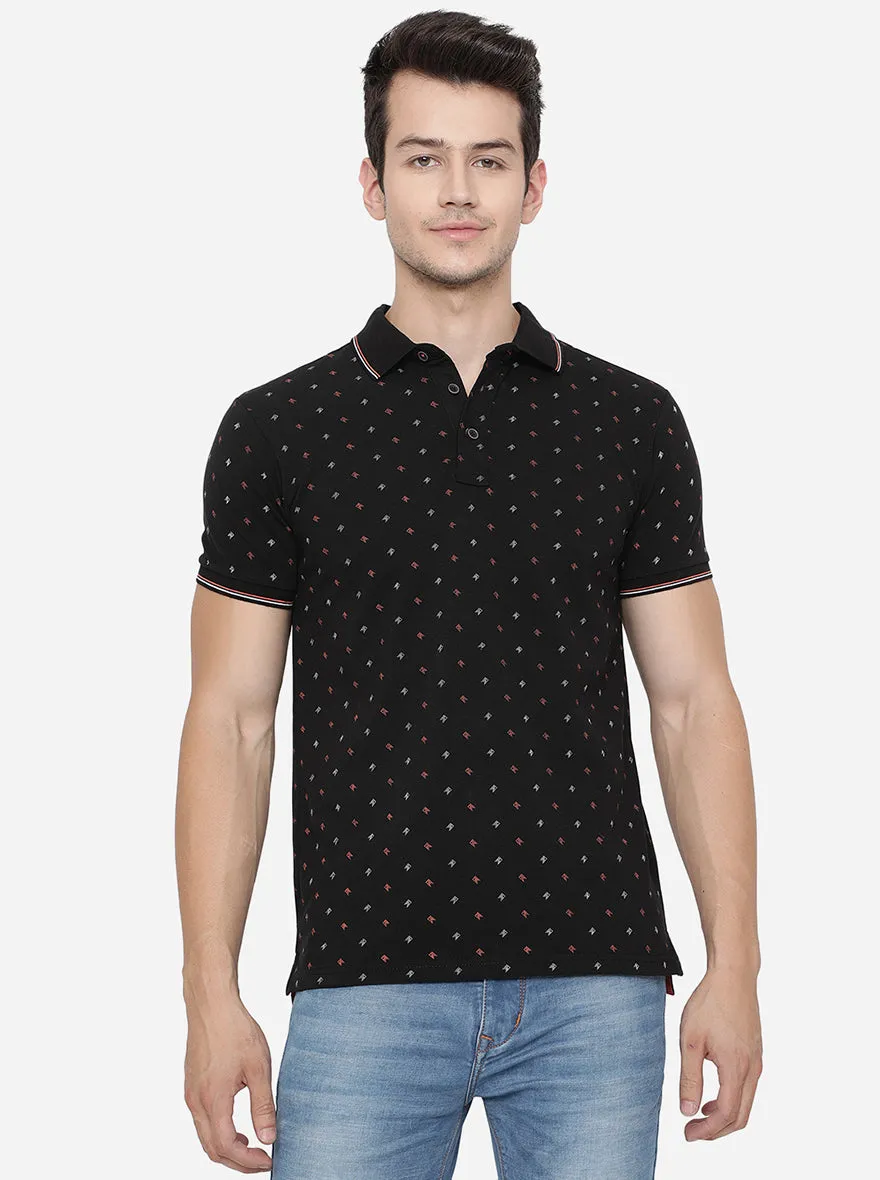 Black Printed Slim Fit Polo T-Shirt | JadeBlue