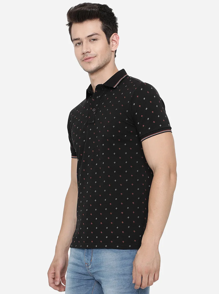 Black Printed Slim Fit Polo T-Shirt | JadeBlue