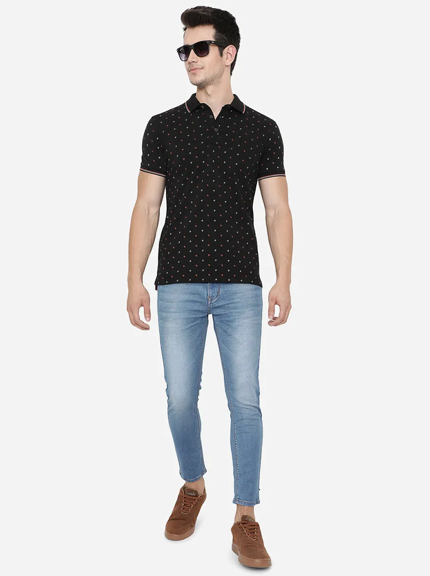 Black Printed Slim Fit Polo T-Shirt | JadeBlue