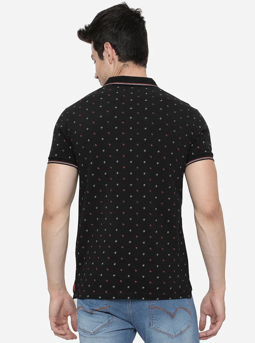 Black Printed Slim Fit Polo T-Shirt | JadeBlue