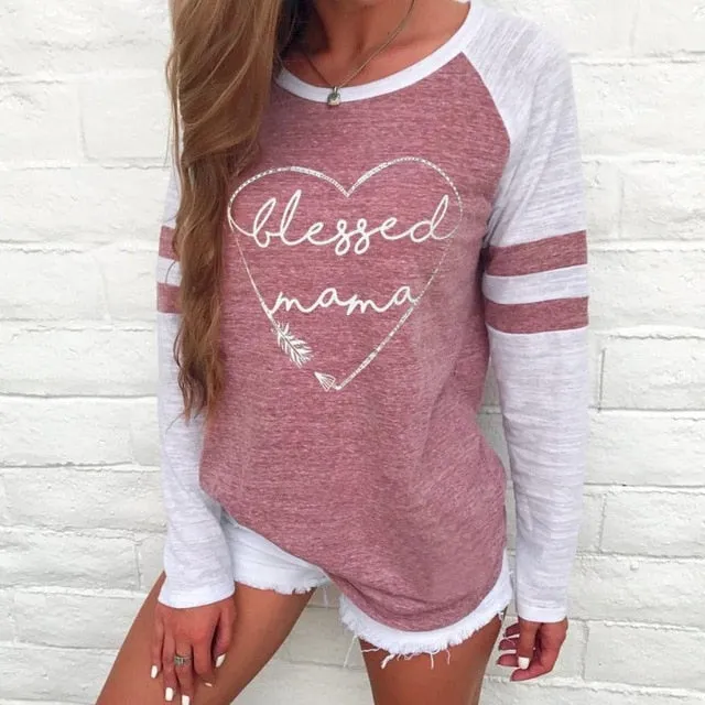 Blessed Mama  Women's Long Sleeve Vintage Patchwork T-Shirt