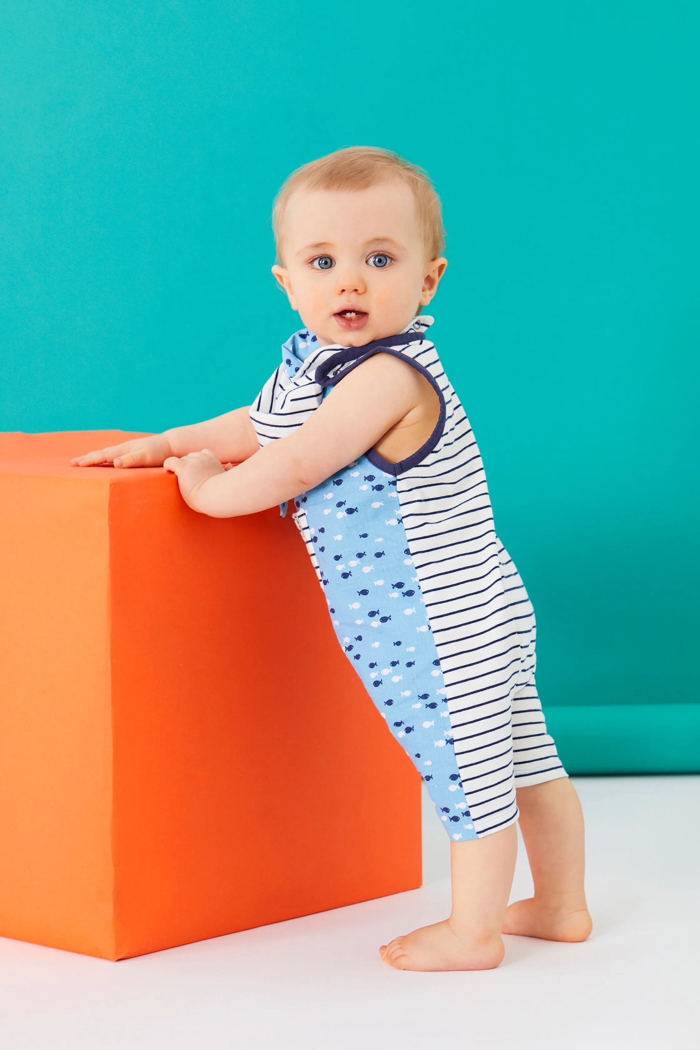 Blue Fish And Stripe Print Romper