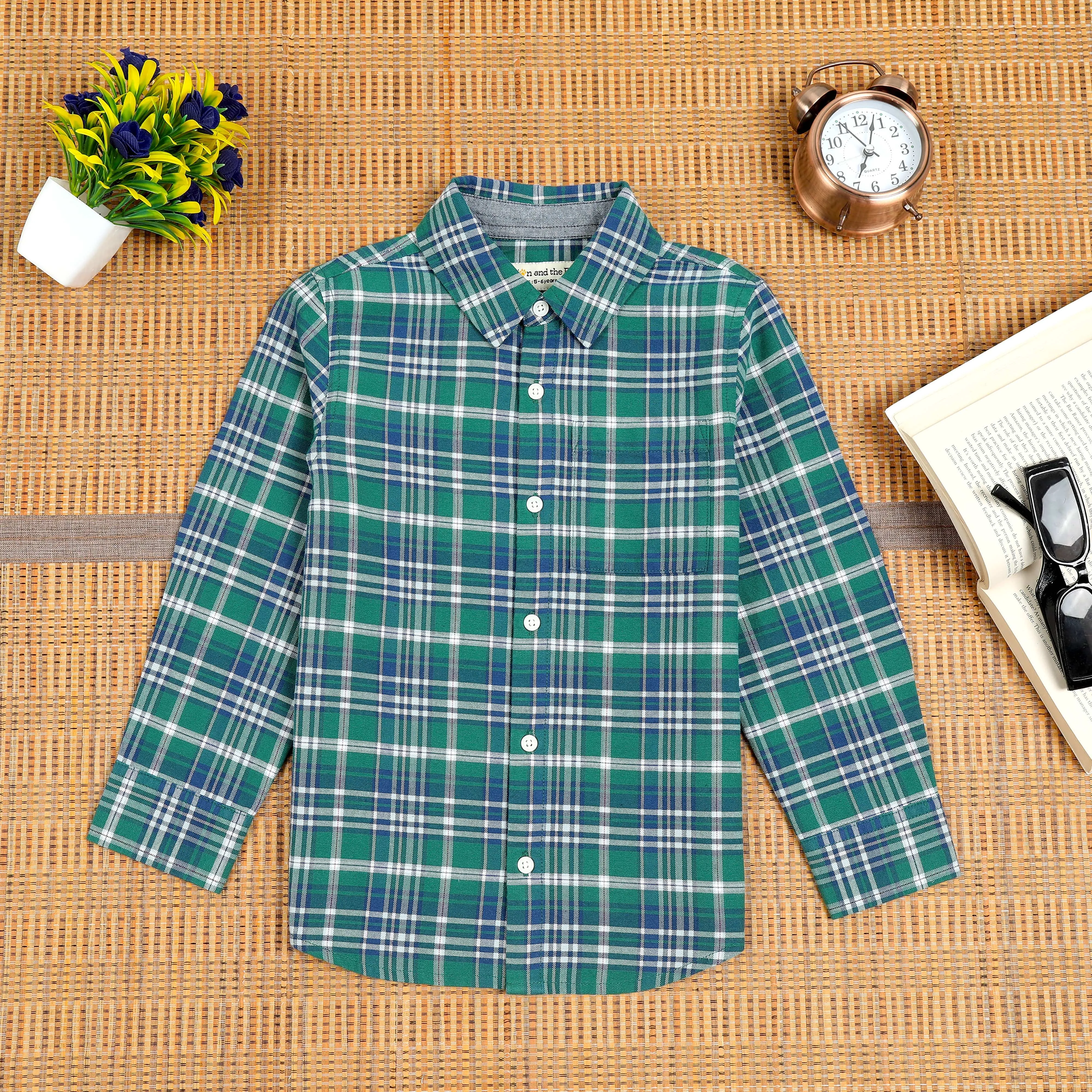 Boys Brushed Cotton Checkered Shirt Green