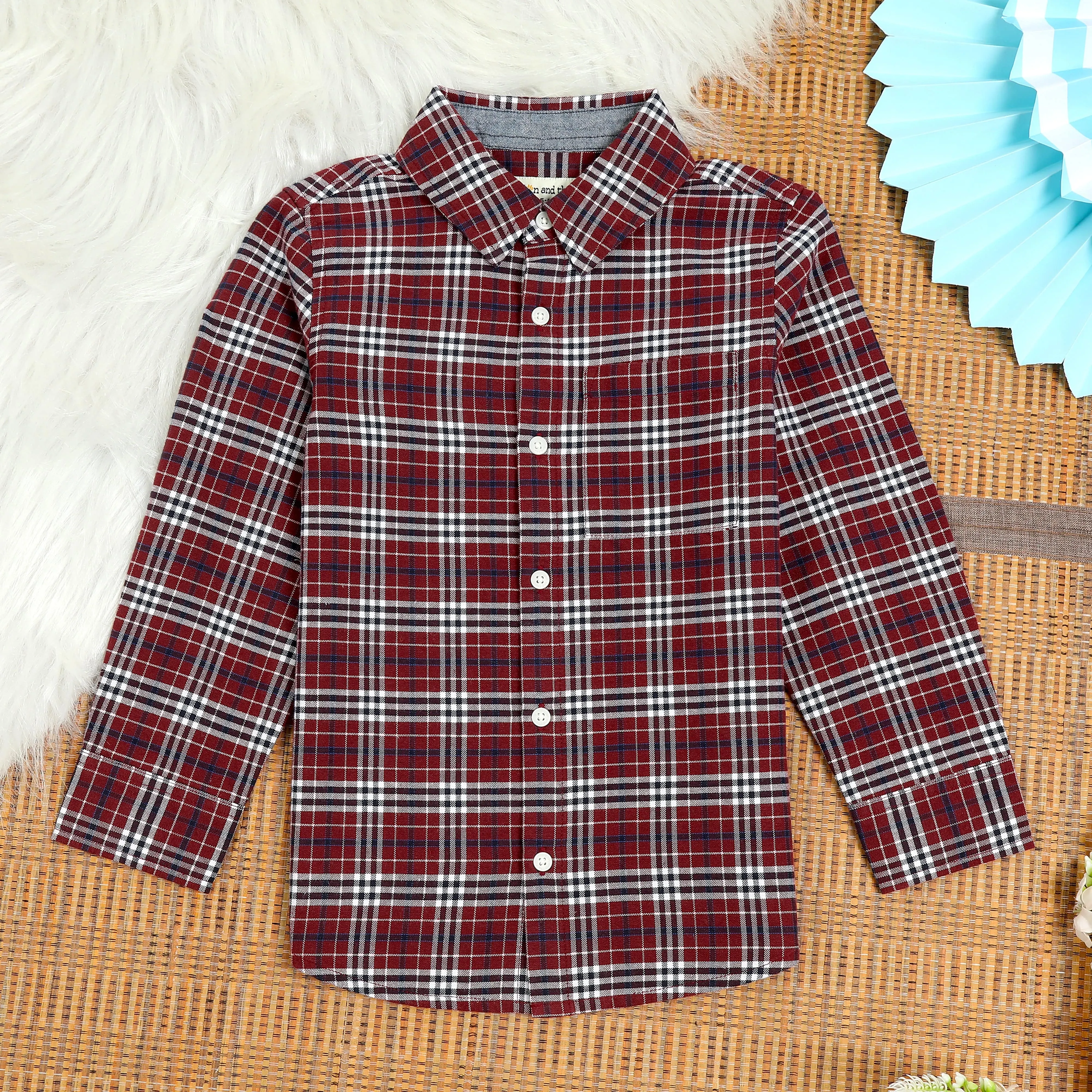 Boys Brushed Cotton Checkered Shirt Wine Red