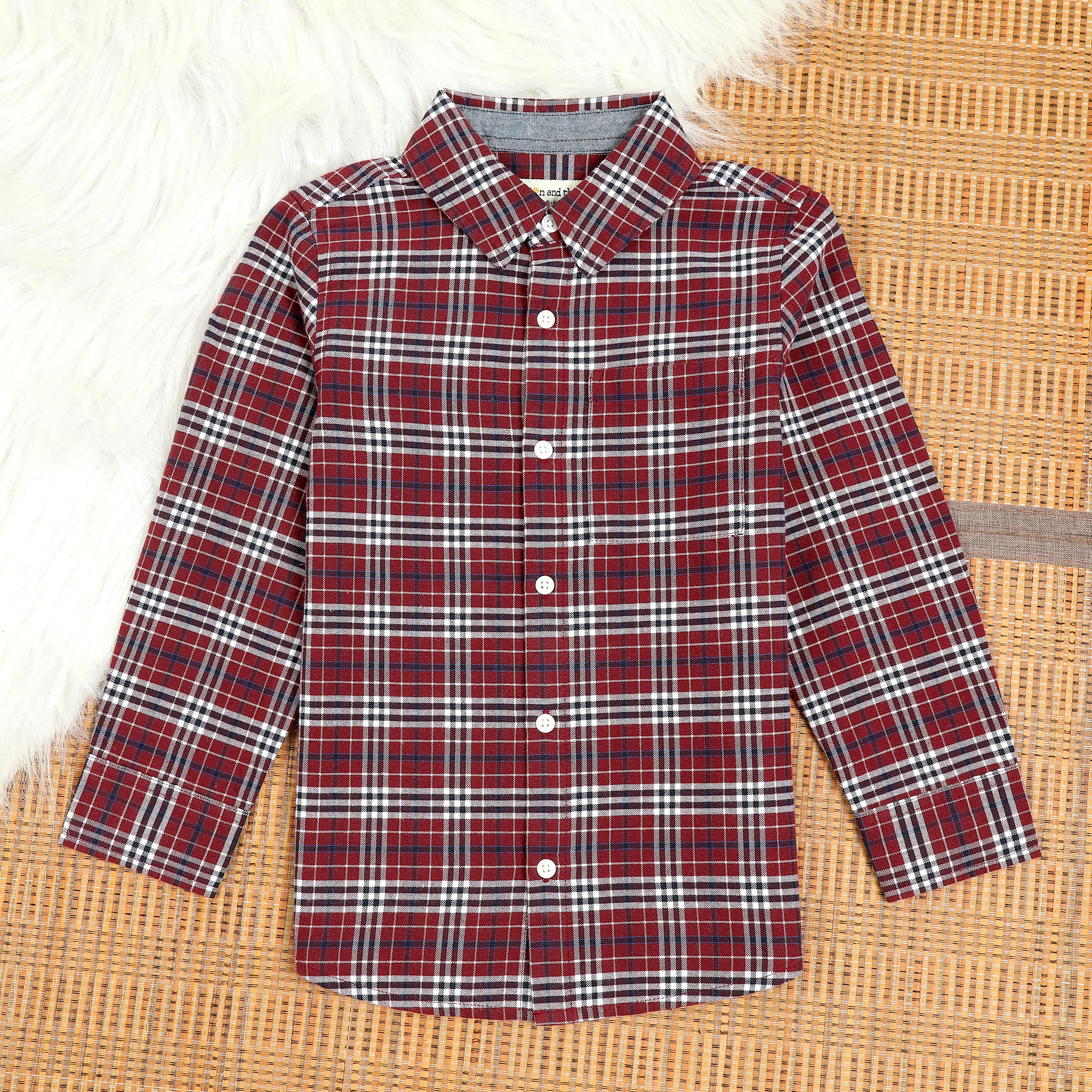 Boys Brushed Cotton Checkered Shirt Wine Red