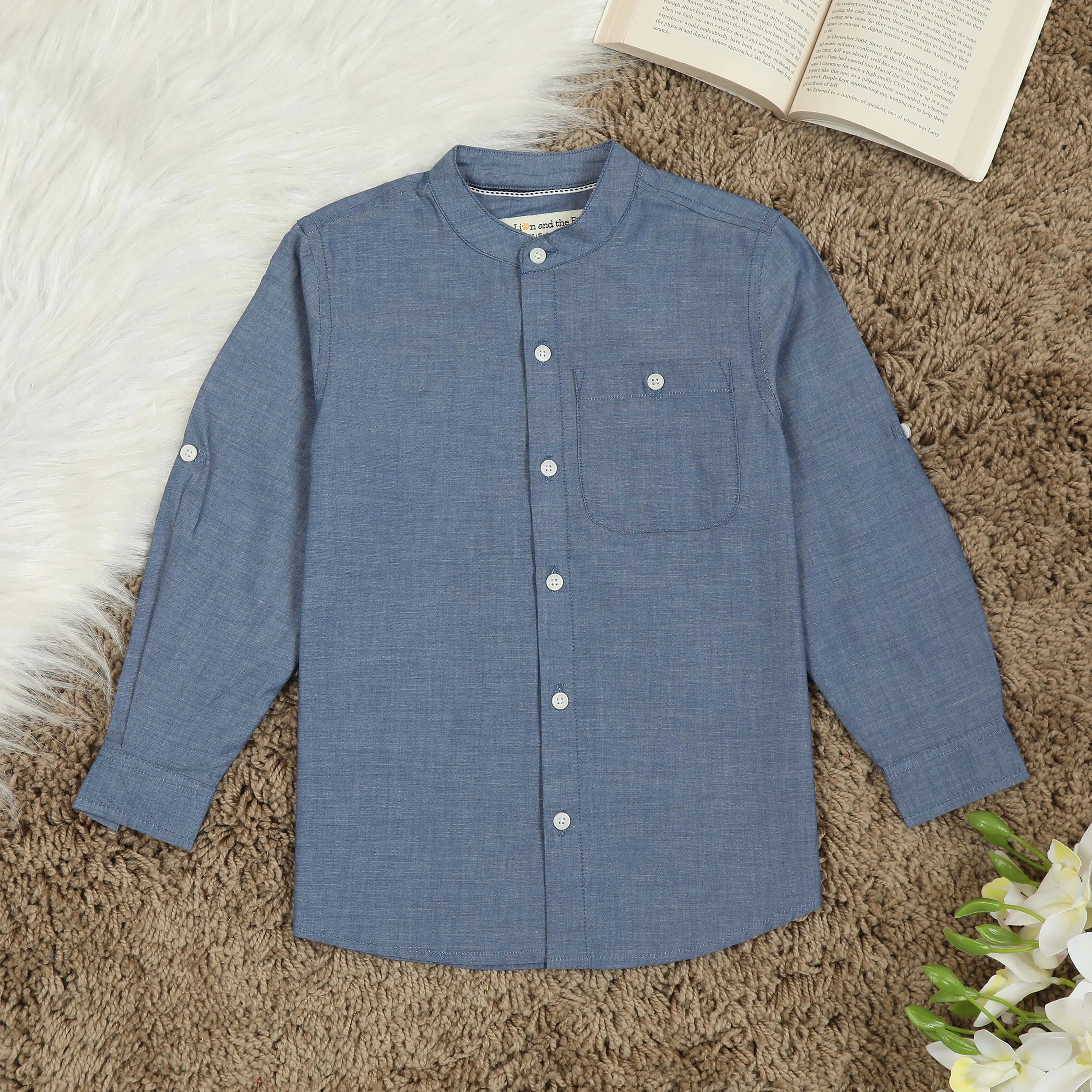 Boys Roll Up Sleeve Solid Shirt Capri Blue