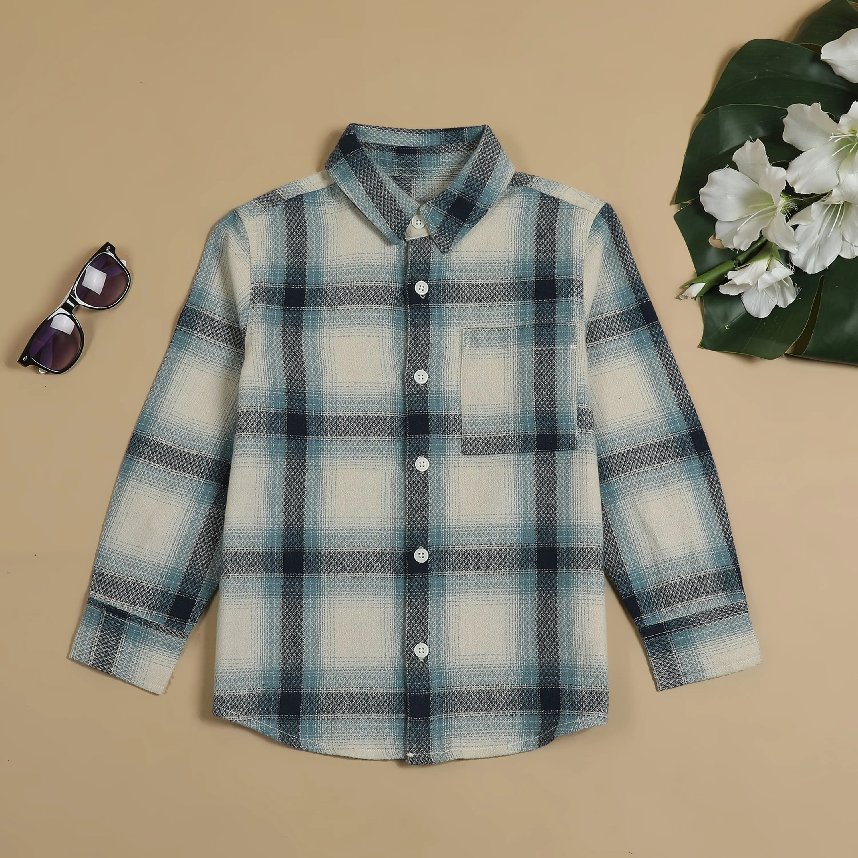 Boys Tartan Checked Shirt Green Blue